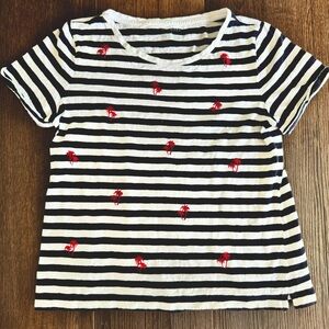 Talbots Navy & White Striped Short Sleeve With Embroidered Palm Trees - Large